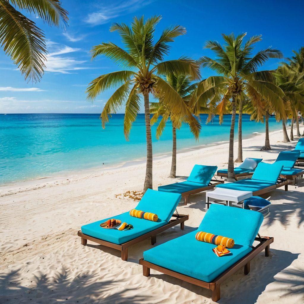 A split scene showcasing a beautiful beach on one side with turquoise waters and white sand, transitioning seamlessly to a luxurious poolside on the other with lounge chairs, colorful umbrellas, and refreshing cocktails. Include elements like beach towels, palm trees swaying, and people enjoying both scenes. The vibrant sunlight casts cheerful shadows, evoking a sense of summer adventure. playful, tropical colors. vivid details. super-realistic.
